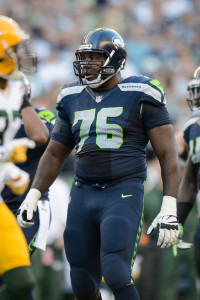 Sep 4, 2014; Seattle, WA, USA; Seattle Seahawks tackle Russell Okung (76) during the game against the Green Bay Packers at CenturyLink Field. Seattle defeated Green Bay 36-16. Mandatory Credit: Steven Bisig-USA TODAY Sports